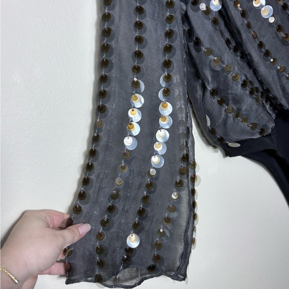 ZARA Sequin Polka Dot Semi-Transparent Stretch Bodysuit Black Silver Women's M - Picture 4 of 6
